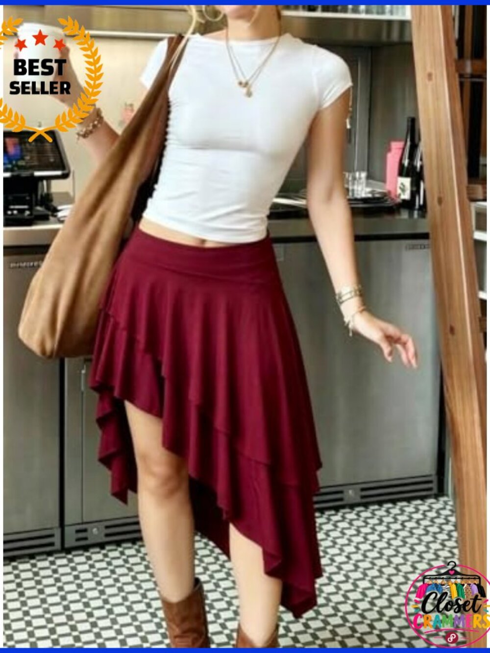 High Waist Ruffle Flowy Asymmetrical Split Midi Skirt